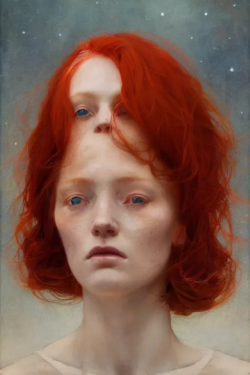 Image similar to of beautiful redhead female, beauty portrait by greg rutkowski, hilma af klint, moebius, victo ngai, sharp focus, global illumination, highly detailed, masterpiece, award winning, post processing