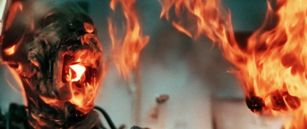 Image similar to filmic extreme closeup dutch angle movie still 4k UHD 35mm film color photograph of a doctors being burned alive, screaming in agony, inside of a science lab , in the style of a 1980s horror film