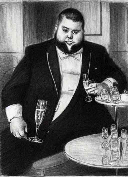 Prompt: pencil drawing by anders zorn of a fat guy with glasses, short beard, odd haircut and a glass of champagne, in classic suit in a bar setting, dimly lights, afternoon tea, a very interesting and intellectual person
