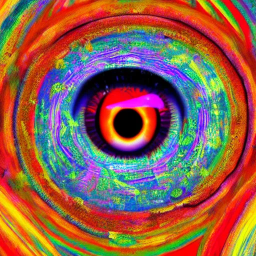 Image similar to painting of an eye surrounded by dmt visuals with angels in the background 4 k quality super realistic