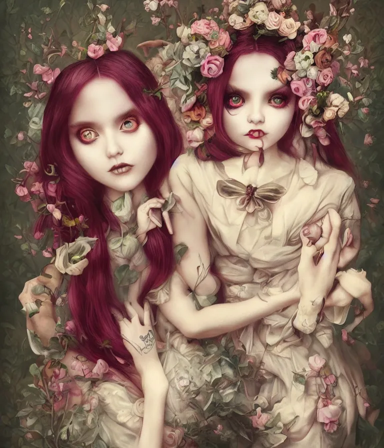 Image similar to pop surrealism, lowbrow art, realistic alone cute alice girl painting, japanese street fashion, hyper realism, muted colours, rococo, natalie shau, loreta lux, tom bagshaw, mark ryden, trevor brown style