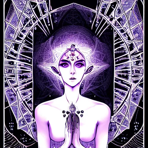 Image similar to a symmetrical portrait of a mystical feminine creature with glowing energies and particals, metal scales, surrounded by spirits, gloomy cinematic lighting, highly detailed, illustrated novel style, comic