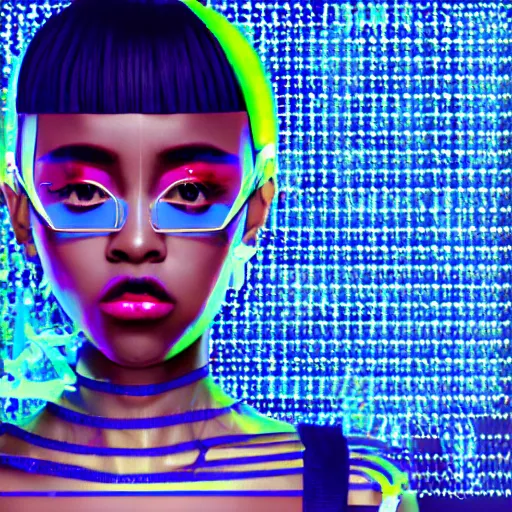 Prompt: very beautiful closeup portrait of a black bobcut hair style futuristic doja cat in a blend of manga - style art, augmented with vibrant composition and color, all filtered through a cybernetic lens, by hiroyuki mitsume - takahashi and noriyoshi ohrai and annie leibovitz, dynamic lighting, flashy modern background with black stripes