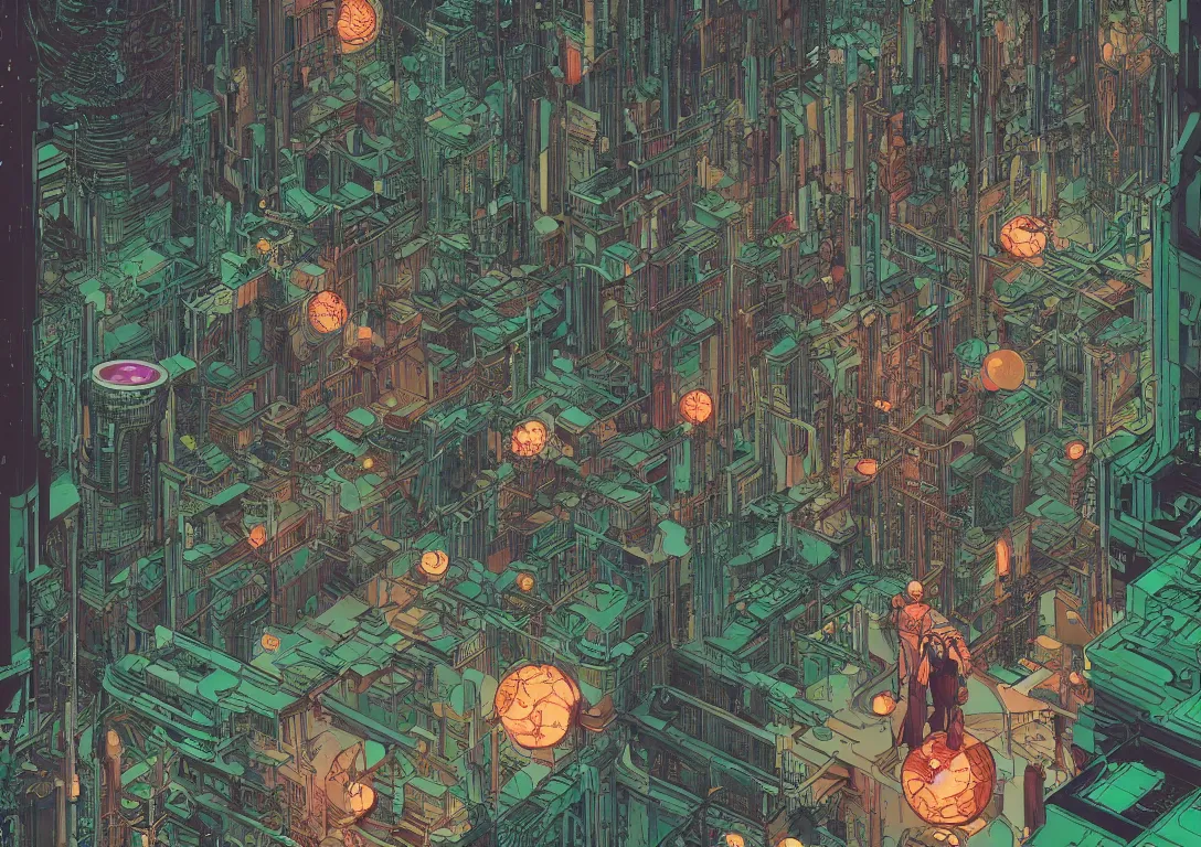 Image similar to Stunningly intricate illustration of single cyberpunk explorer overlooking lush forest, highly detailed, midnight, small glowing orbs by Victo Ngai and James Gilleard , Moebius, Laurie Greasley