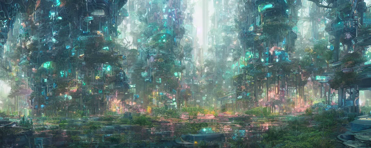 Image similar to detailed concept art illustration colorful pastel painting of a sci-fi forest city in full intricate detail, ultra detailed, digital art, octane render, 4K, dystopian, micro details