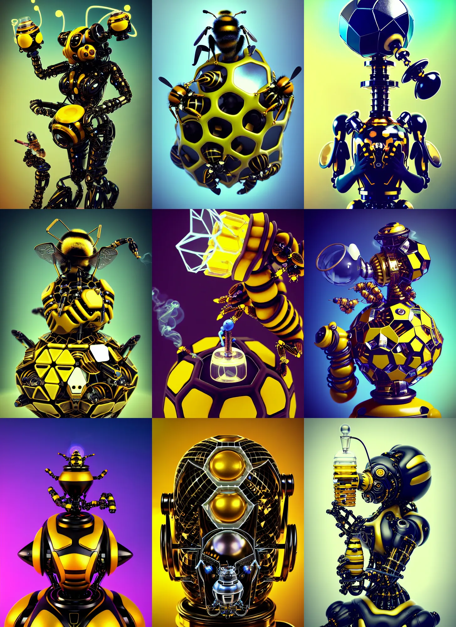 Prompt: cybernetic geodesic bumblebee edm cyborg smoking elaborate milk bong | ornate | glamorous oily soft polished rich enticing ornate modern | weta disney pixar movie still photo | hi - fructose, sci fi fantasy, golden ratio details, smooth, octane render, sharp focus, artstation, concept art | beeple, feng zhu, mucha, rutkowski |