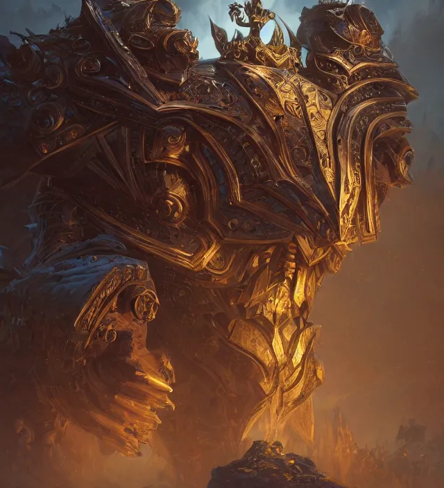 Image similar to a dungeons and dragons storm giant portrait, intricate ornate armor, subject in the middle of the frame, rule of thirds, golden ratio, elegant, digital painting, octane 4k render, zbrush, hyperrealistic, artstation, concept art, smooth, sharp focus, illustration from Warcraft by Ruan Jia and Mandy Jurgens and Artgerm and William-Adolphe Bouguerea