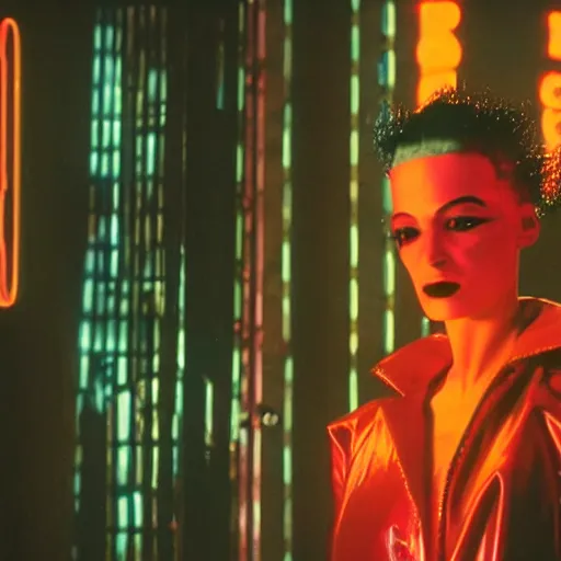 Image similar to cinematic portrait of a runaway bride of frankenstein replicant with bright make up and a red translucent plastic raincoat in an empty room, still from the movie bladerunner, fashion photography, a neon sign is in the background