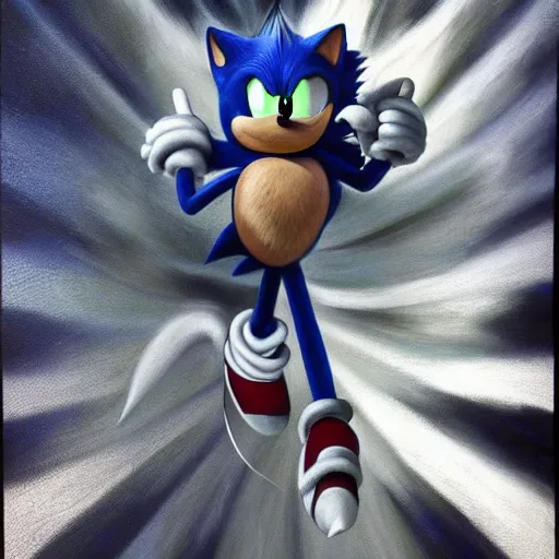 Prompt: a striking hyper real painting of Sonic the hedgehog , dark, metal, occult, by Glyn Smyth