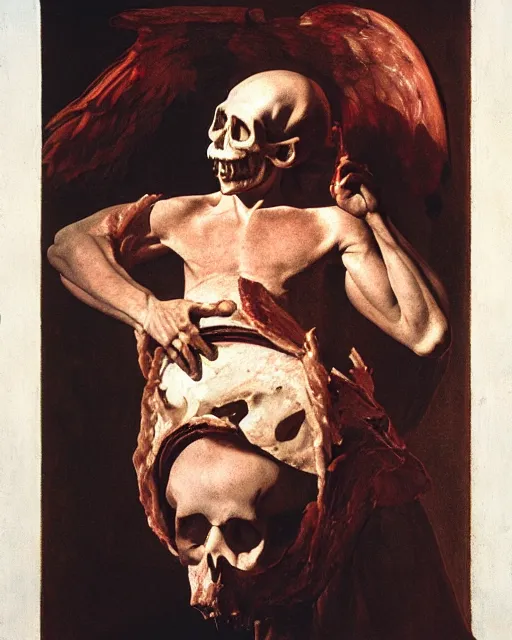 Prompt: an angel with a skull made of meat for the head by caravaggio, dramatic lighting, blood, god rays, angelical