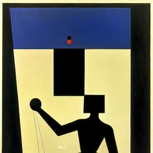 Prompt: melancholic complex suprematism painting of mechanic formed figure working on an sphere machine in height by malevich, throwing hard long shadows in complex construct room by oskar schlemmer, edward hopper vibe, liminal space, oil on canvas