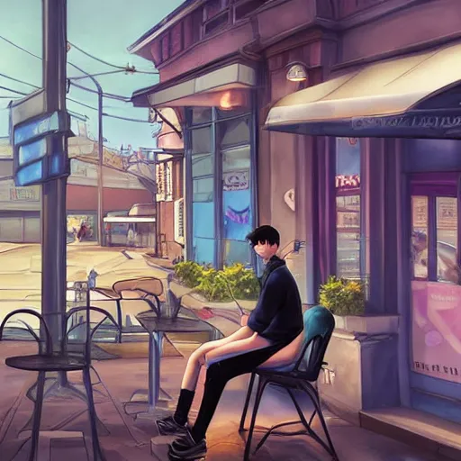 Prompt: a male teenager sitting on a cafe and looking to a window, artgerm, anime style, pixar and disney style, path traced, color painting, anatomically correct, five fingers, cinematic, high coherence, highly detailed, high quality, serene scene, colorful, symmetrical, beautiful, elegant, short black hair, vintage