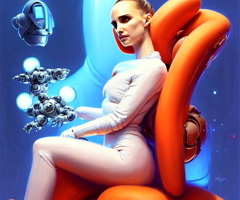 Image similar to beautiful fantasy character portrait, natalie portman, wearing orange puffy bomber jacket with white fur, seductive reclining pose, futuristic robots, ultra realistic, dramatic lighting, robots, the fifth element artifacts, highly detailed by peter mohrbacher, hajime sorayama, wayne barlowe, boris vallejo, aaron horkey, gaston bussiere, craig mullins