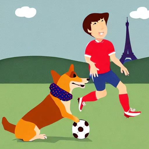 Image similar to illustration of french boy in paris playing football against a corgi, the corgi is wearing a polka dot scarf