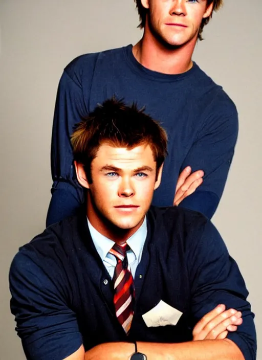 Prompt: an awkward school photo of chris hemsworth, style is 1 9 9 2, studio lighting, film