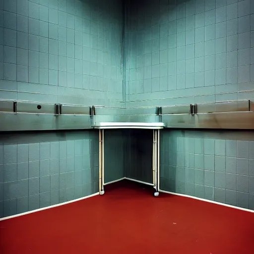 Image similar to noisy color photograph of a retrofuturist liminal space, laboratory, prison, minimalist