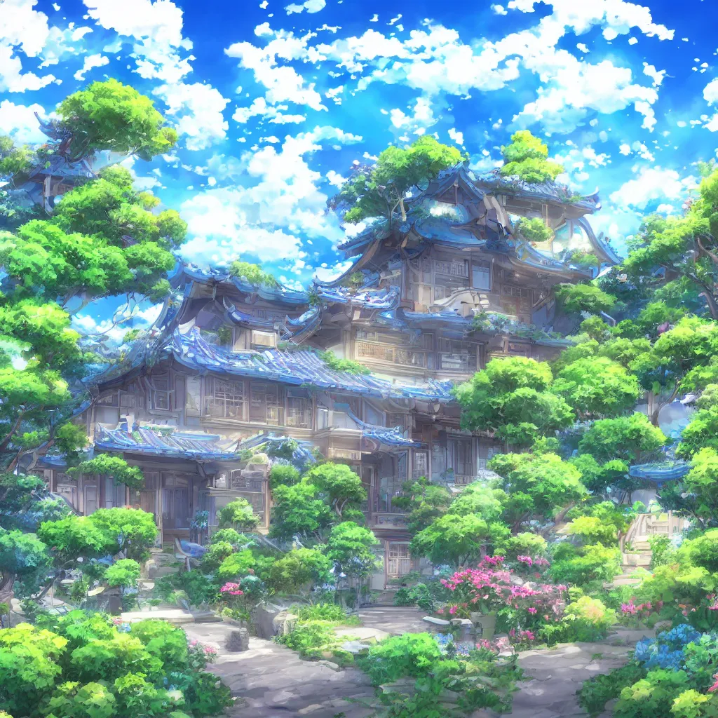 Image similar to a house with a beautiful garden and a blue sky with clouds in anime style, in the style of Lampbo Chun on ArtStation and Son Rice on ArtStation, 4k,