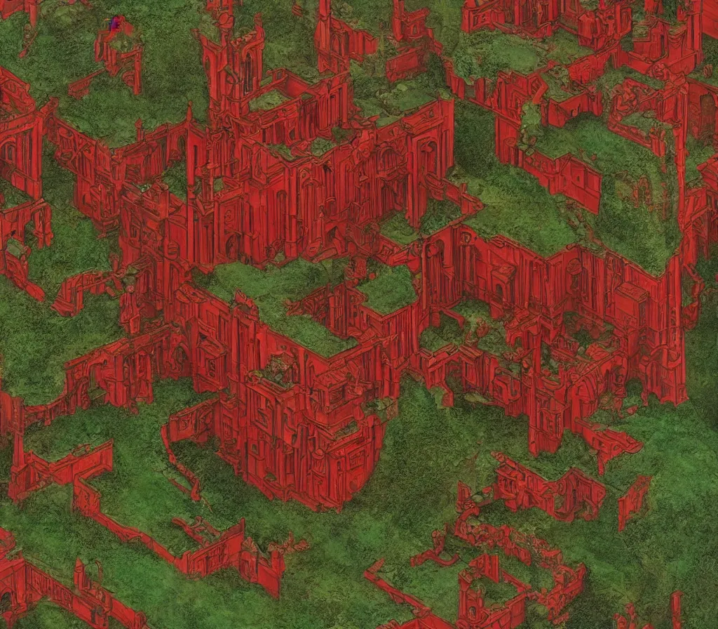 Prompt: Red Citadel, Fey ruins, in the style of M.C. Escher, inspired by Caravaggio,