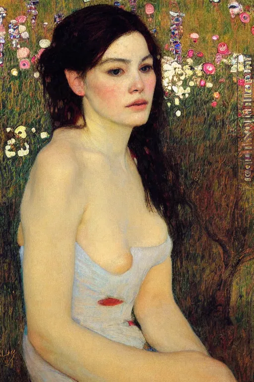 Image similar to Richard Schmid and Jeremy Lipking and Gustav Klimt full length portrait painting of a young beautiful woman