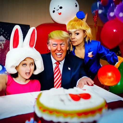 Prompt: professional photography Donald Trump cosplay as Bugs Bunny spying on children at a birthday party, high quality, good lighting, masterpiece, beautiful beautiful beautiful beautiful beautiful