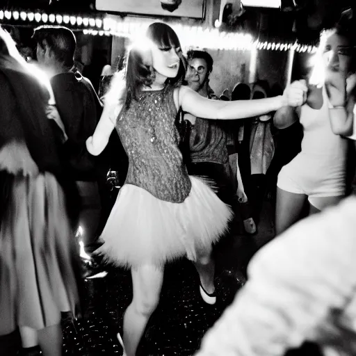 Prompt: Constance LaCroix brunette in her 20s fashionable French petite woman dancing in a busy French disco, 35mm lens photograph, 2016