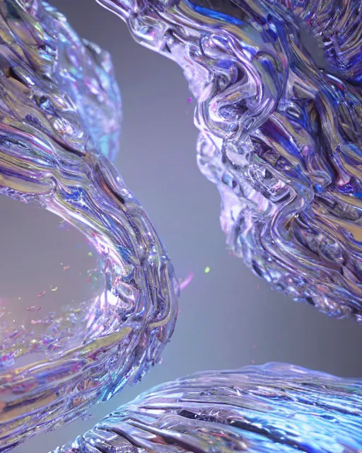 Prompt: organic white shimmering iridescent metal hallucinations on mescaline, creative VFX, no text, rendered with octane, hyper realistic, hyper detailed, surreal, futuristic, 8k