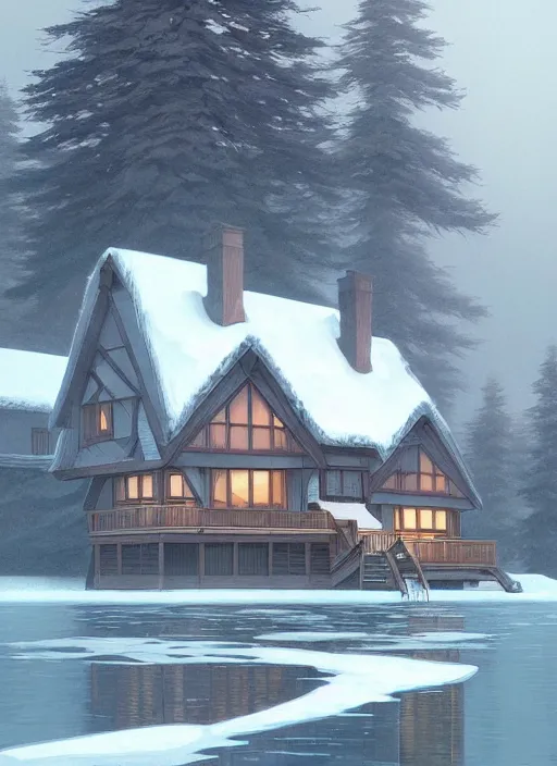 Prompt: a lake house in winter, trending on artstation, ghibli style,, attack on titan style, concept art, art by artgerm and greg rutkowski and alphonse mucha