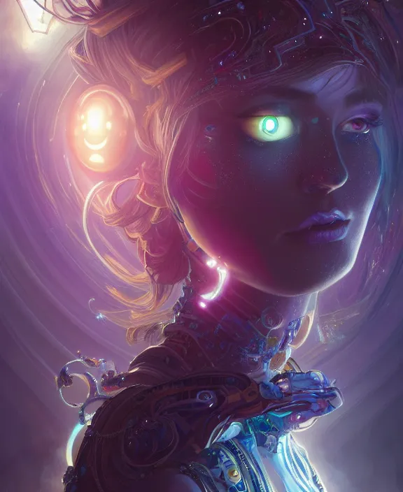 Image similar to a whirlwind of souls rushing inside the metaverse, half body, glowin eyes, tiara with sapphire, pharaoh, android, cyberpunk, d & d, fantasy, intricate, elegant, highly detailed, colorful, vivid color, digital painting, artstation, concept art, art by artgerm and greg rutkowski and alphonse mucha and ruan jia