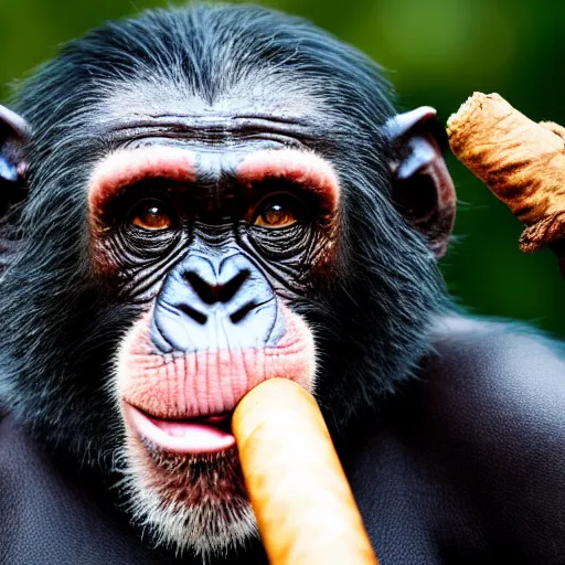 Image similar to a high detail closeup shot of a chimp wearing a suit, smoking a cigar