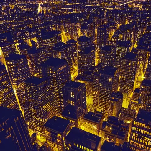 Prompt: Birds eye view of a metropolis at night, rectangular city grid with narrow streets, tall brutalist architecture buildings, city lights spilling upwards above the top of the buildings,