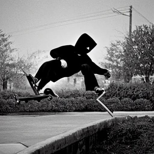 Prompt: old photo of the Grim Reaper doing a kickflip