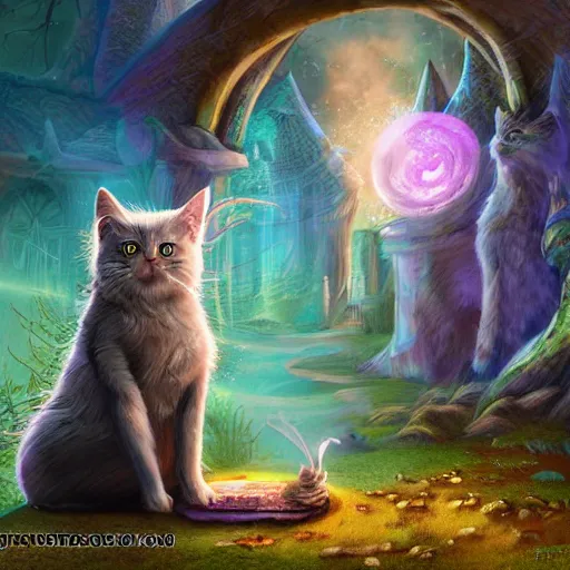 Image similar to fantasy cat casting a magic spell, high detail, fantasy art, concept art, 4 k, ultra detail, computer art