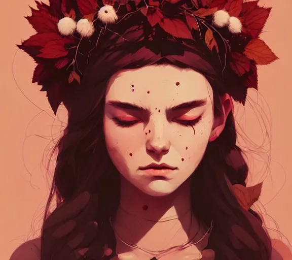 Prompt: symmetry portrait of badass forest godess with cotton flower crown, by atey ghailan, by greg rutkowski, by greg tocchini, by james gilleard, by joe fenton, by kaethe butcher, by ashley wood, dynamic lighting, gradient light red, brown, blonde cream and white color scheme, grunge aesthetic