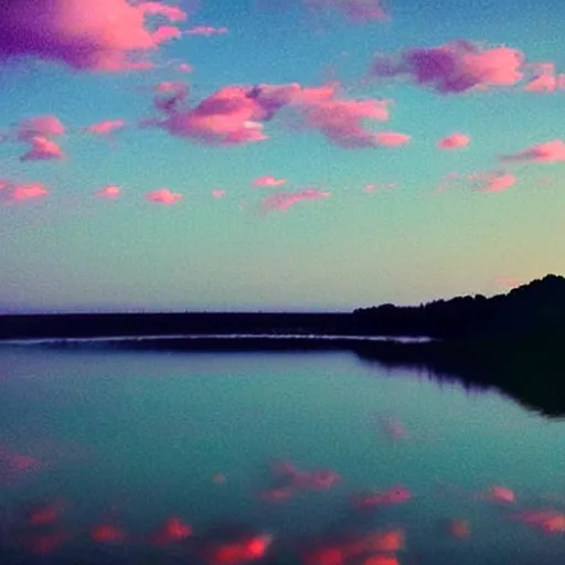 Image similar to dreamland surreal infinite rose colored sky with feathery blush colored clouds over a body of calm flat reflective pink water looking out to the horizon
