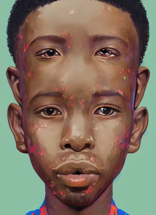 Prompt: colourful upper half portrait of an african boy with exaggerated facial features - art by aya takano & hsiao - ron cheng, highly detailed, caricature, digital painting, illustration, smooth, sharp focus, intricate, symmetry, pinterest, behance, artstation