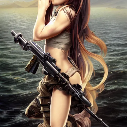 Image similar to special navy seal girl in firefight, anime style, long hair, hair down, symmetrical facial features, us navy, hyper realistic, pale skin, 4k, rule of thirds, extreme detail, detailed drawing, trending artstation, hd, fantasy, D&D, realistic lighting, by Alphonse Mucha, Greg Rutkowski, sharp focus, backlit