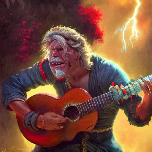 Image similar to detailed photo of a Half-orc bard portrayed by Gary Busey playing a lute, 8k,by Tristan Eaton, Stanley Artgermm, Tom Bagshaw, Greg Rutkowski, Carne Griffiths, trending on DeviantArt, face enhance, hyper detailed ,full of color, dramatic lightning, epic stance