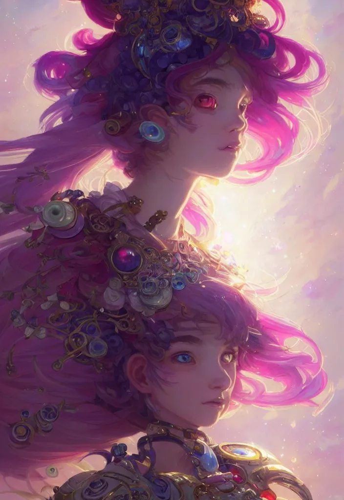 Image similar to close up picture of an maximalist dress magical girl, neat hair with bangs, smug face, extremely beautiful and aesthetic and detailed cute face and eyes, wipe out evils with cute astronaut familiar sprites, aming the magical beams to the camera, chiaroscuro, intricate, masterpiece, epic fantasy illustrations by peter mohrbacher and anato finnstark and jeremy lipking