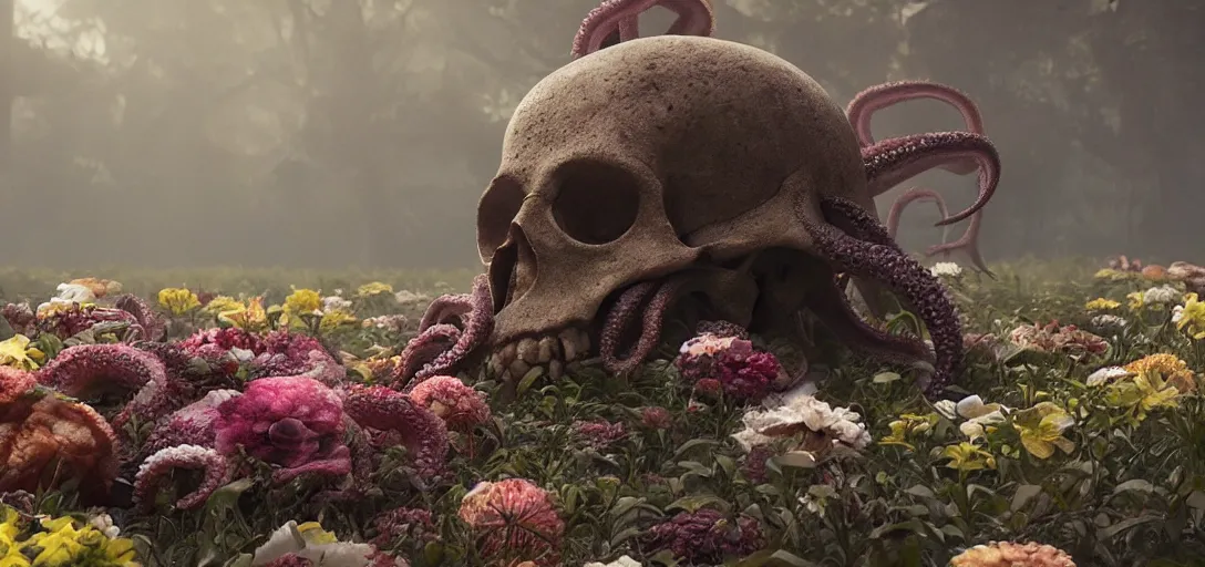 Prompt: an | octopus in the shape of a skull | surrounded by flowers at dawn, foggy, sun rays, cinematic shot, photo still from movie by denis villeneuve, wayne barlowe