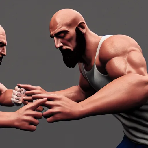 Prompt: jesus christ arm wrestling with the rock johnson, 3 d render, unreal engine, hd, 4 k