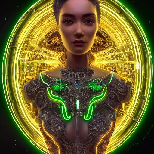 Prompt: beautifull woman integrating with technology, full face, detailed intricate ornate cables connected to head, big open electric eyes, luxurious detailed abundent wiring and implants, sci-fi, neon, emeralds, detailed technology full background, highly detailed, Rene Lalique and Eddie Mendoza