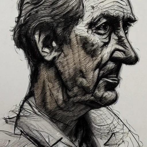 Image similar to a realistic yet scraggly portrait sketch of the side profile of a stern and sophisticated gene ween, trending on artstation, intricate details, in the style of frank auerbach, in the style of sergio aragones, in the style of martin ansin, in the style of david aja, in the style of mattias adolfsson