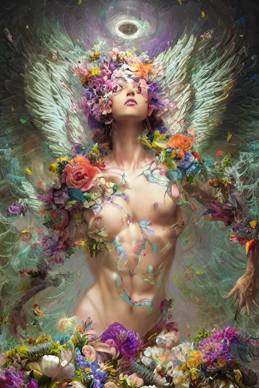 Image similar to beautiful model god of psychedelics dancing in a vortex made of flowers, diamonds, angel, fantasy, dramatic lighting, highly detailed, digital painting, holding electricity, magic the gathering, hyper detailed, 3 d render, hyper realistic detailed portrait, peter mohrbacher, wlop, ruan jia