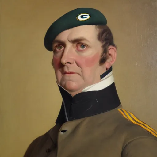 Image similar to facial portrait of green bay packers dictator, military uniform, 1 8 3 4, oil on canvas by william sidney mount, oil on canvas, octane render