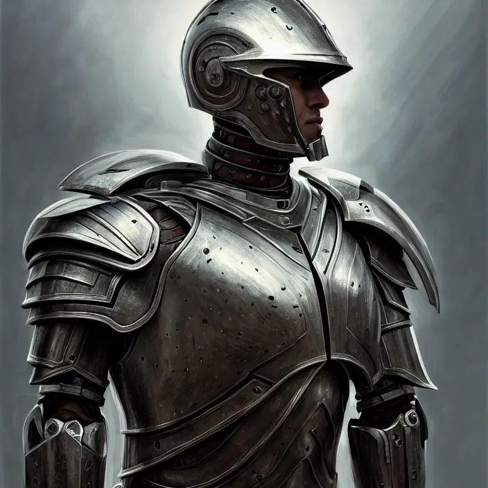 Prompt: portrait of a man wearing cyborg armor, Spartan hoplite design, subject in the center of the frame, wide angle shot, diffuse lighting, fantasy, intricate, elegant, highly detailed, lifelike, photorealistic, digital painting, artstation, illustration, concept art, smooth, sharp focus, art by John Collier and Albert Aublet and Krenz Cushart and Artem Demura and Alphonse Mucha