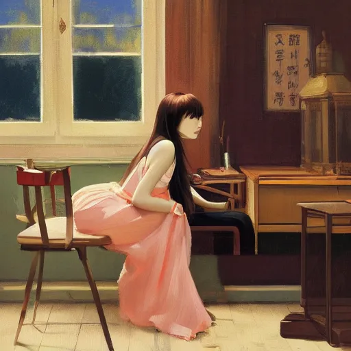 Image similar to oil painting by ilya kuvshinov, sakimichan, coby whitmore, of a youthful japanese beauty, long hair, sitting on antique chair leaning against a desk, victorian room