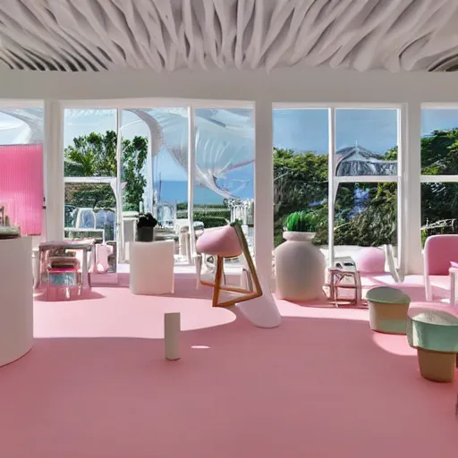 Image similar to An ultra high definition, professional photograph of an IKEA showroom located on a pastel pink beach ((with pastel pink, dimpled sand where every item is pastel pink. The sun can be seen rising through a window in the showroom.)) The showroom unit is outdoors and the floor is made of dimpled sand. Morning time indirect lighting with on location production lighting on the showroom. In the style of wallpaper magazine, Wes Anderson.