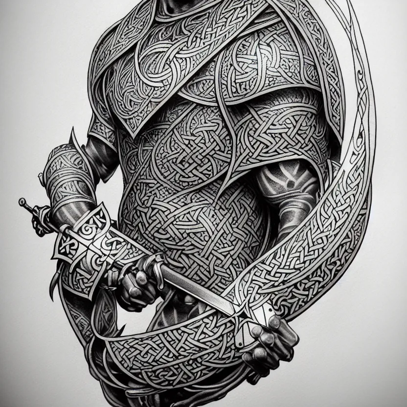 Image similar to shaded tattoo, minimalist, knotwork with center viking warrior, extremely detailed, bold line art, by vincent di fate and joe fenton and artgerm, holding shield and sword, centered, inking, etching, screen print, inkblots of color, masterpiece, trending on artstation, sharp, high contrast, hyper realistic, hd, 4 k, 8 k