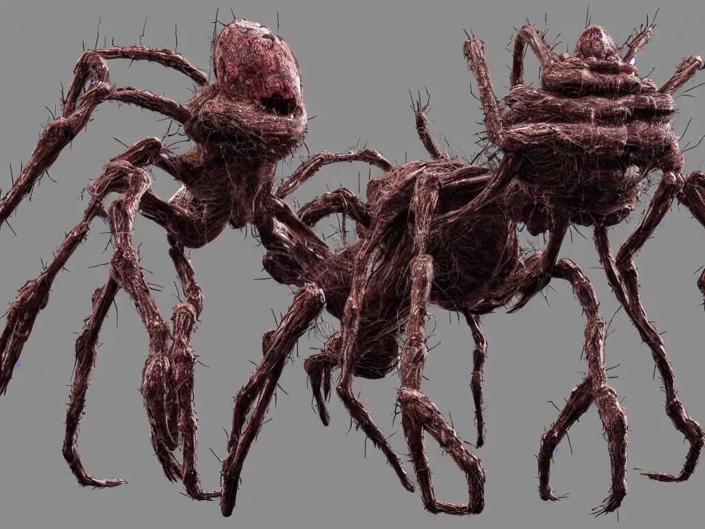 Prompt: Techno-biological iron-meat cat spider. Consisting of tumors, fur, veins, guts, long spider paws, kidneys, wires, shafts. The head is made of mechanisms and a fanged maw. Bodyhorror, biopunk, extremely high detail, ultra realistic, photorealism, concept art, octane render, view from a distance, 8k, 16k