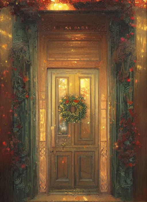 Image similar to wreath on new york apartment building door, artwork by gaston bussiere, craig mullins, trending on artstation